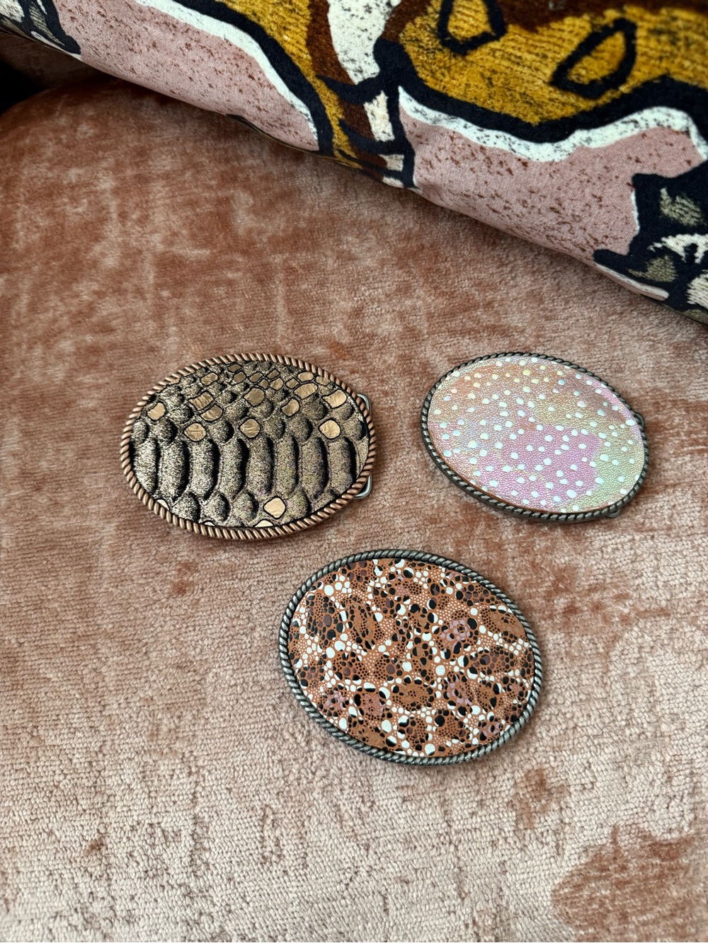 Set of 3 Decorative Oval Belt Buckles - Metallic Bronze, Rose Gold & Iridescent